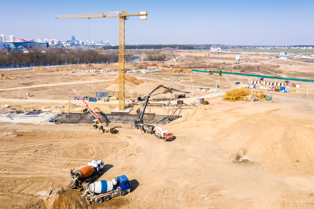 Panoramic,Aerial,View,Of,Construction,Site,And,House,Foundation,In