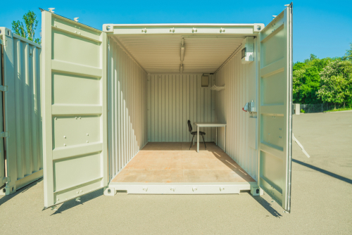 Container,On,A,Construction,Site,,Exterior.,Mobile,Building.,Cargo,Container