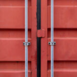 Close-up,,Doors,Red,Container,Shipping,Yard.